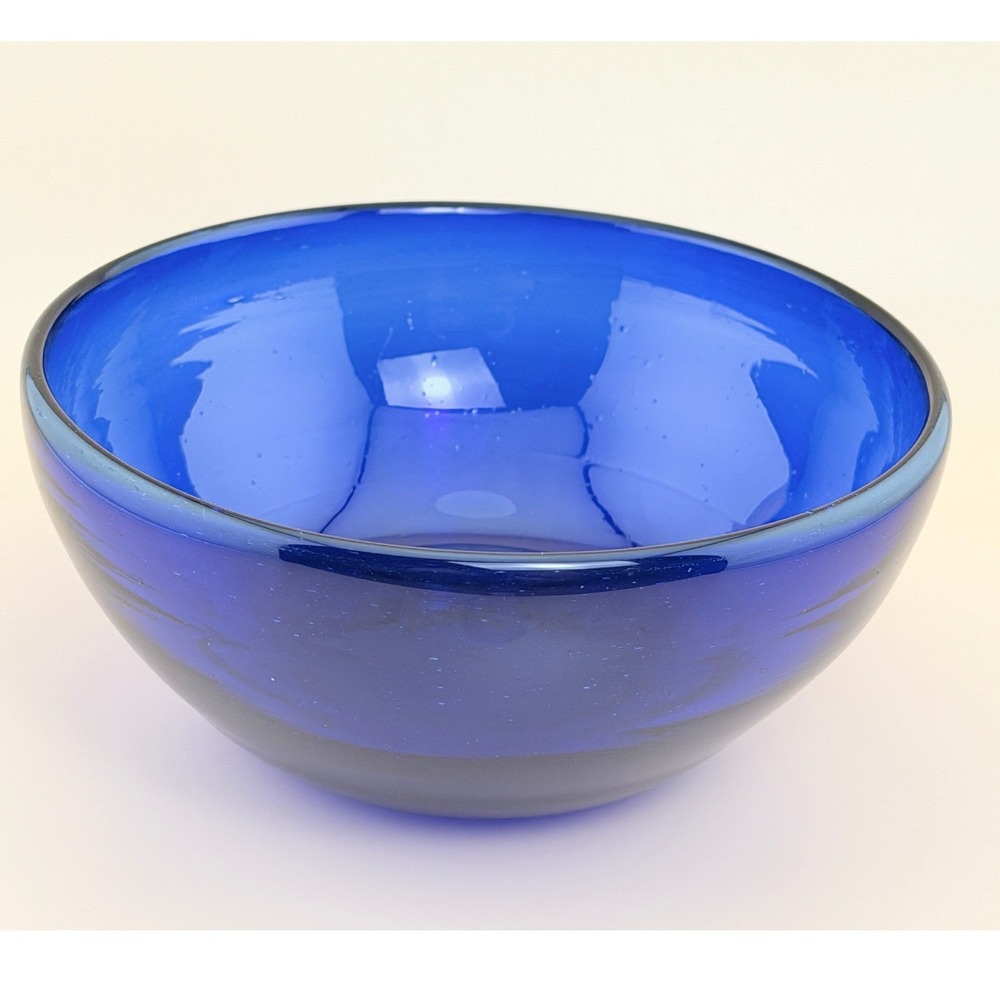 Cobalt Blue Hand Blown Art Glass Bowl: 8 Inch Round Centerpiece, Polished Pontil